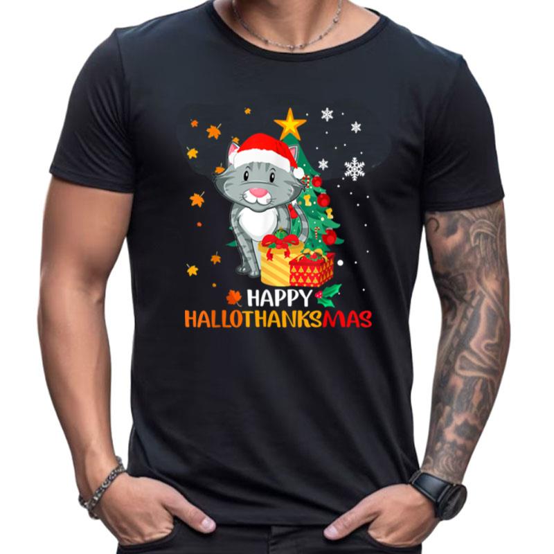 Cat Halloween Christmas Happy Hallothanksmas Thanksgiving Shirts For Women Men