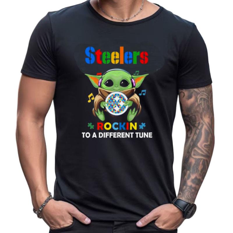 Baby Yoda Hug Pittsburgh Steelers Autism Rockin To A Different Tune Shirts For Women Men