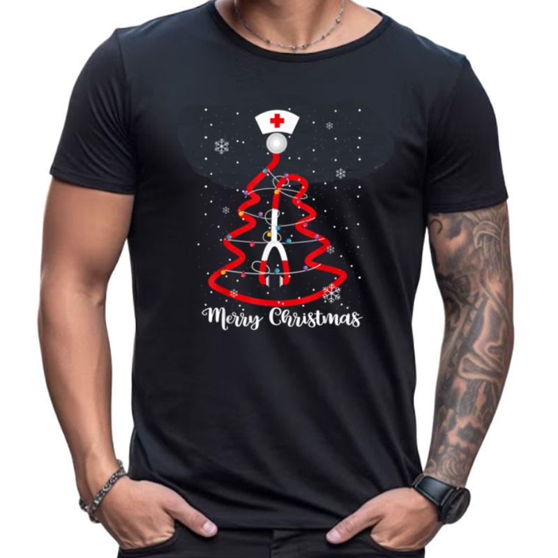 Merry Christmas Tree Stethoscope Lights Nurse Nursing Gifts Shirts For Women Men