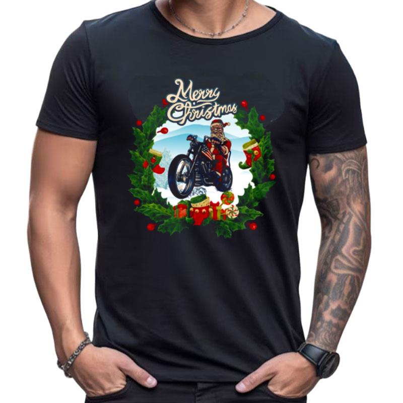 Retro Art Merry Christmas Happy Santa On Motorbike Shirts For Women Men