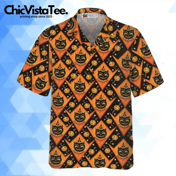 Black And Pumpkin Orange Harlequin Pattern Hawaiian Shirt