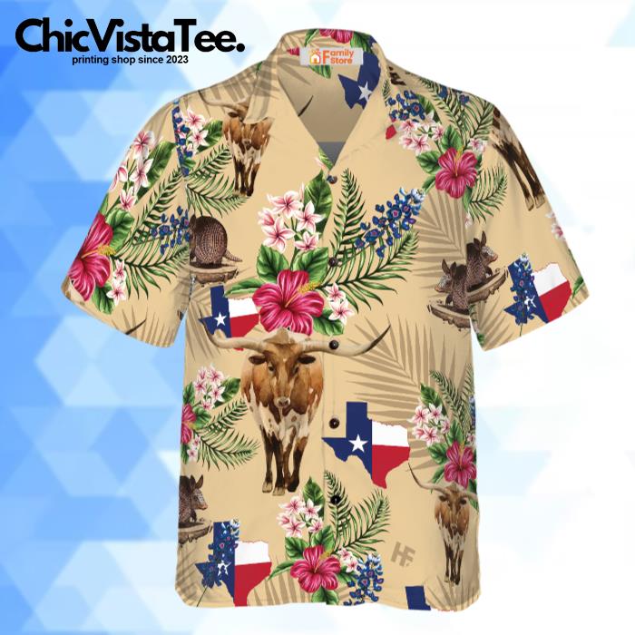 Brown Tribal Pattern Texas Armadillo And Longhorn Hawaiian Shirt
