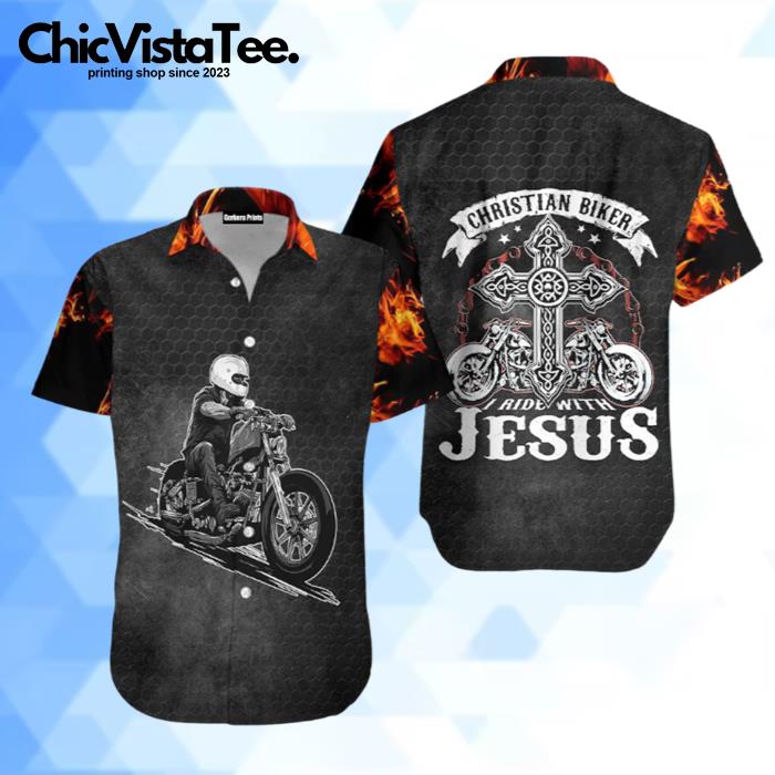Christian Jesus Biker Racing Fire Black Hawaiian Shirt