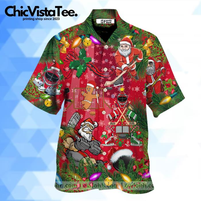 Christmas Come On Play Hockey With Santa Claus And Reindeer Hawaiian Shirt