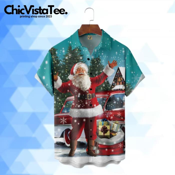 Christmas Santa Claus With Many Gifts In The Snowy Hawaiian Shirt