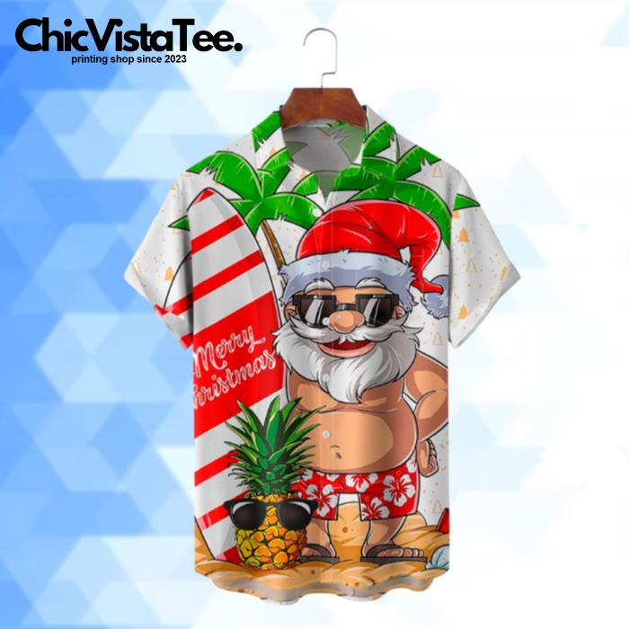 Christmas Santa Surfing And Pineapple Are Wearing Glasses Hawaiian Shirt