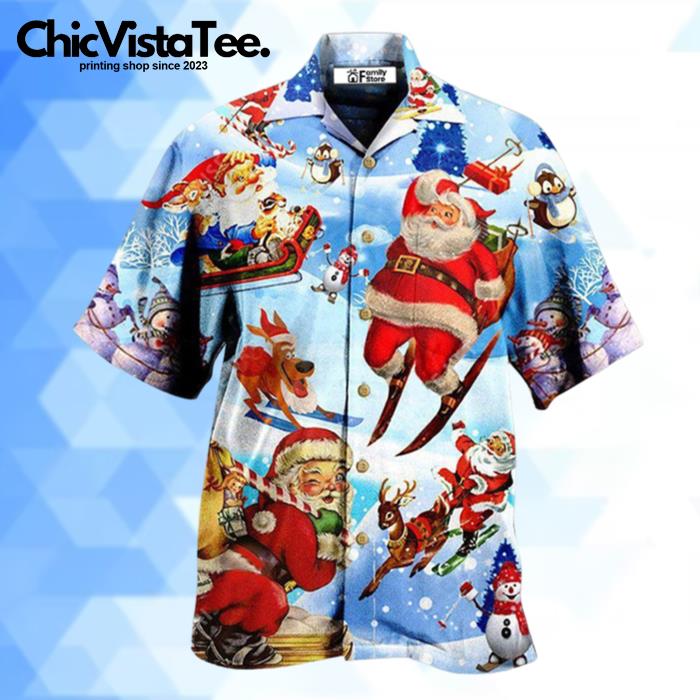 Christmas Skiing Santa Claus In Blue Hawaiian Shirt