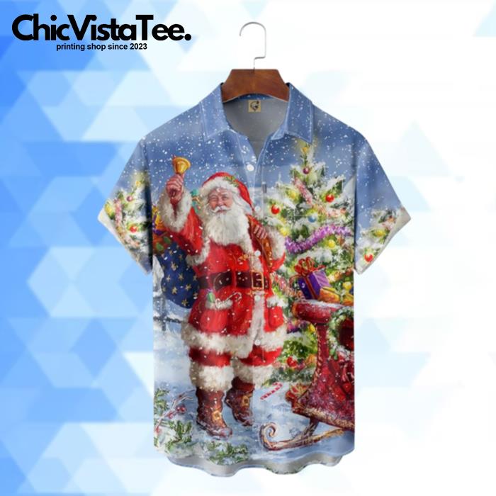 Christmas Snowy Santa Is Holding Bells Hawaiian Shirt
