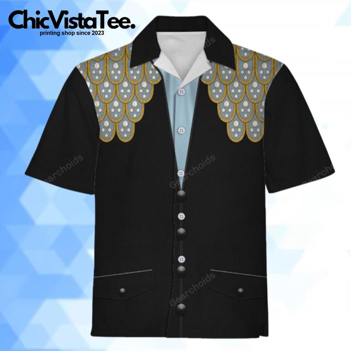 Elvis Armadillo Suit In Blue on Black Hawaiian Shirt