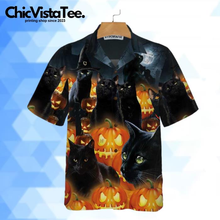 Halloween Black Cat & Pumpkin Hawaiian Shirt