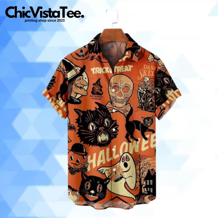 Halloween Cat Print Breathable Hawaiian Shirt