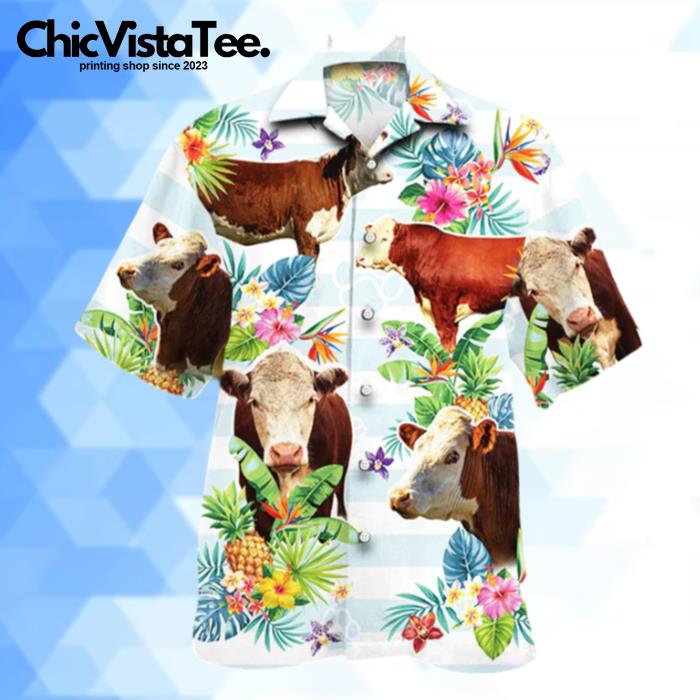 Hereford Cattle Tropical Flower Hawaiian Shirt