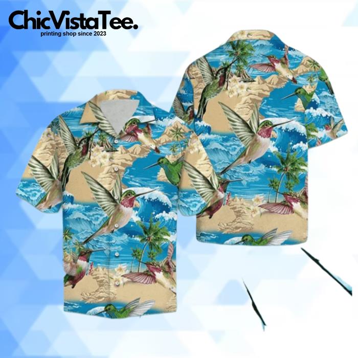 Hummingbird On Beach Summer Blue Wave Pattern Hawaiian Shirt