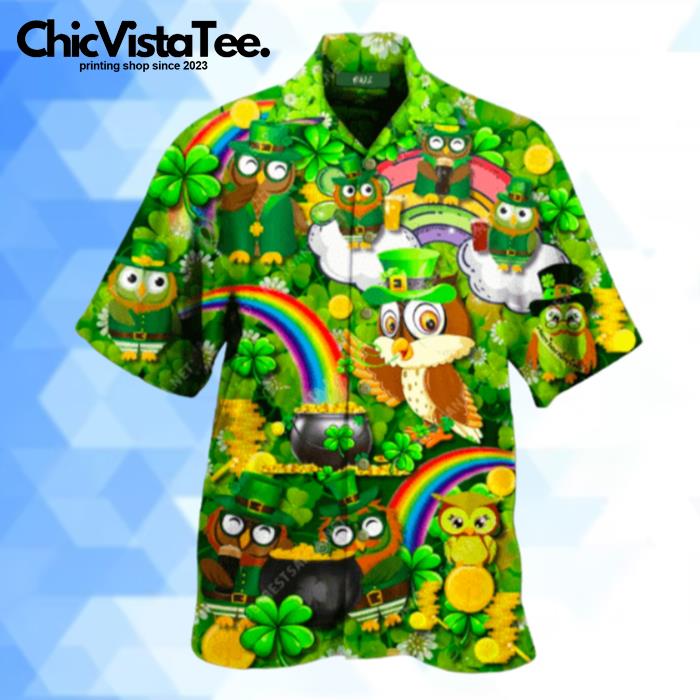 Irish Owl Patricks Day Shamrock Green Hawaiian Shirt