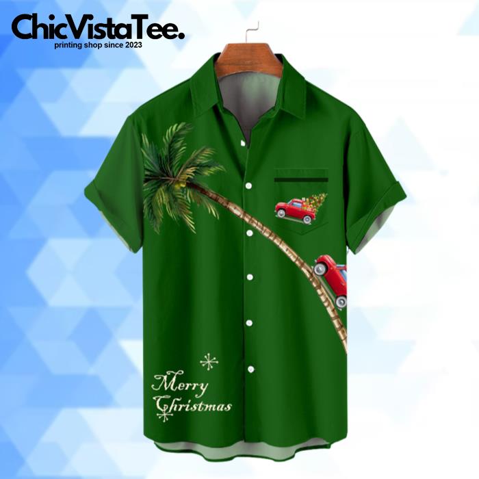 Merry Christmas Car And Coconut Tree Green Hawaiian Shirt