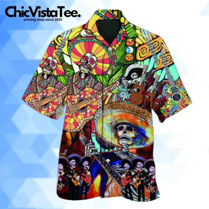 Multicolor Skeleton Guitar Print Hawaiian Shirt
