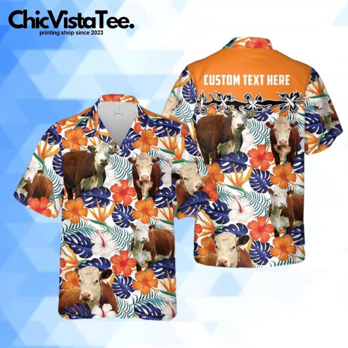 Personalized Unique Hereford Hibiscus Blue Floral 3D Hawaiian Shirt