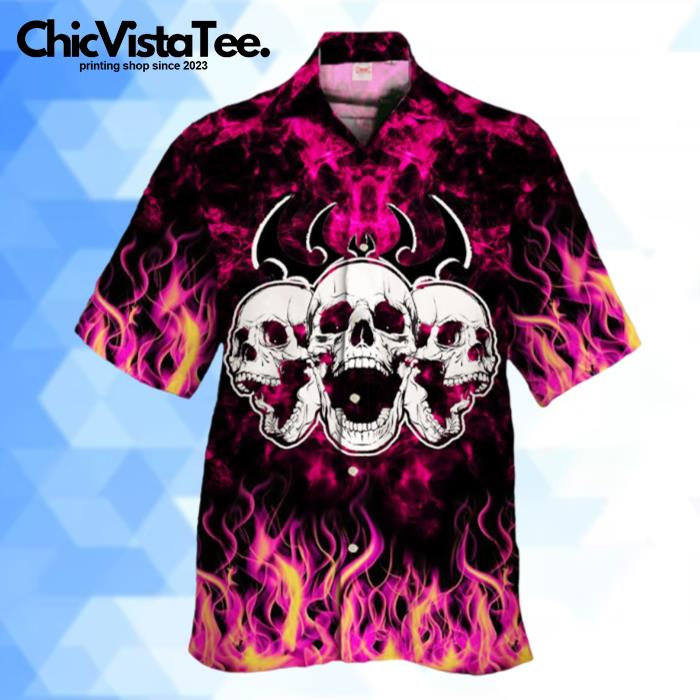 Psychedelic Hippie Pink Fire Flame With Skulls Hawaiian Shirt