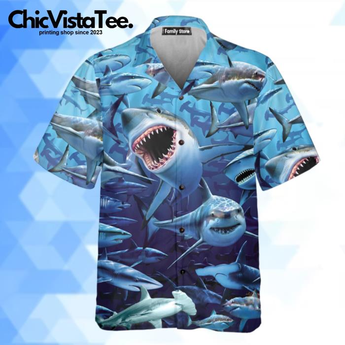 Shark Family Hunting Together Hawaiian Shirt