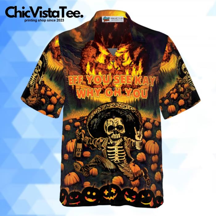 The Burning Pumpkin Sky & Skeleton Halloween Hawaiian Shirt