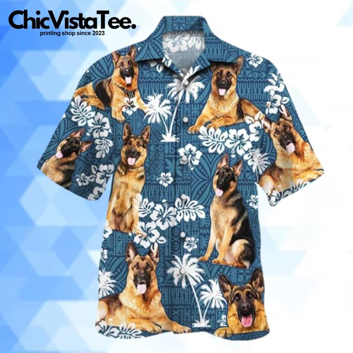 Tongue Out German Shepherd Dog Lovers Blue Tribal Pattern Hawaiian Shirt