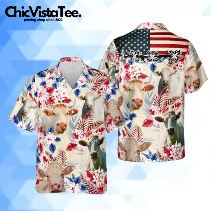 Unique Charolais Cattle American Flag Flowers All Over Printed 3D Hawaiian Shirt