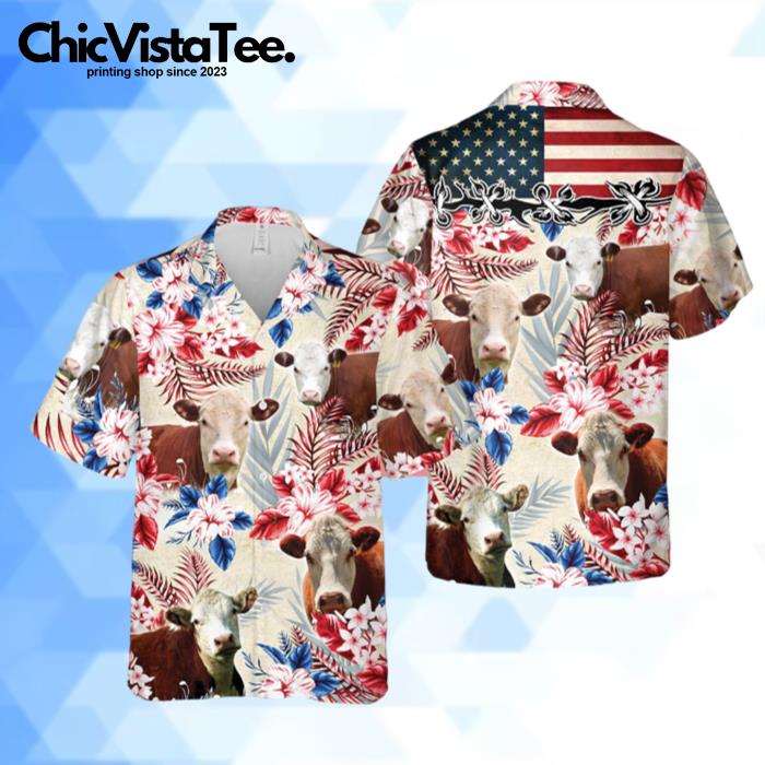 Unique Hereford Cattle American Flag Flowers All Over Printed 3D Hawaiian Shirt