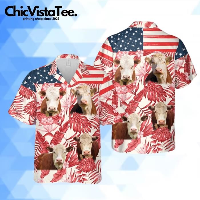 Unique Hereford Red Floral US Flag 3D Hawaiian Shirt