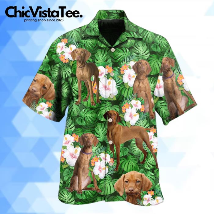Vizsla Best Dog Dad Green Tropical Leaf Hawaiian Shirt