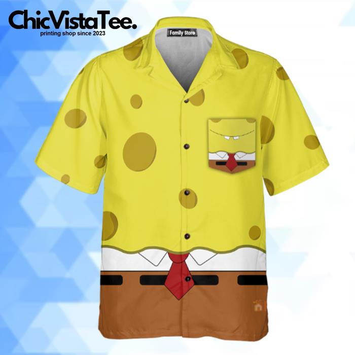 Yellow Sponge Man Cartoon Costume Breast Pocke Hawaiian Shirt